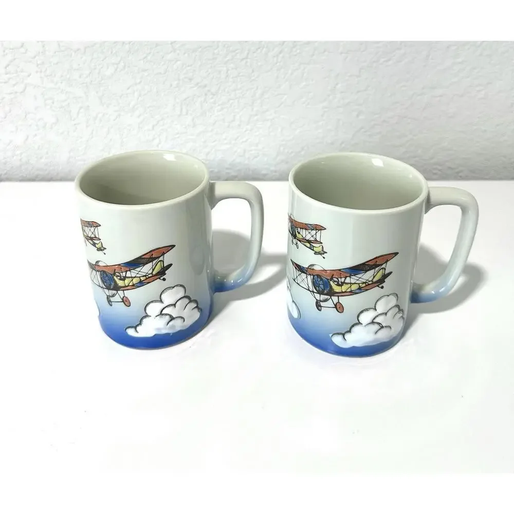 Vintage Otagiri Coffee Mugs Ceramic Biplane Design Clouds Collectible Set of 2 - Picture 4 of 9